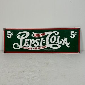 Pepsi Cola 5¢ Delicious Healthful Ande Rooney Porcelain Metal Sign Retro USA